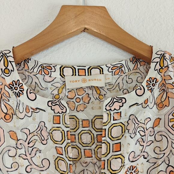 Tory Burch Adrian Metallic Hicks Garden Long Sleeve Silk Blend Tunic Size LG - Picture 7 of 15